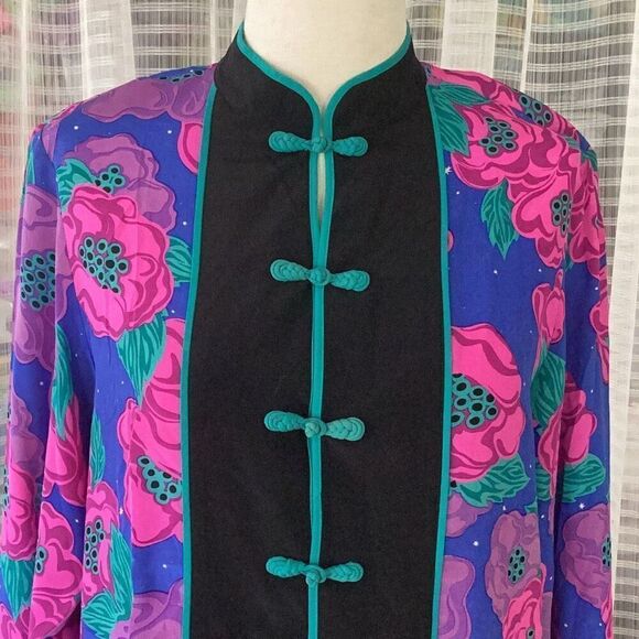 Bob Mackie Wearable Art 100% Silk Asian Floral Tunic Top Blouse Women’s Medium - Picture 6 of 7